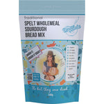 500g bag of Sourdough Mumma Spelt Wholemeal Sourdough Bread Mix with organic ingredients and traditional branding.