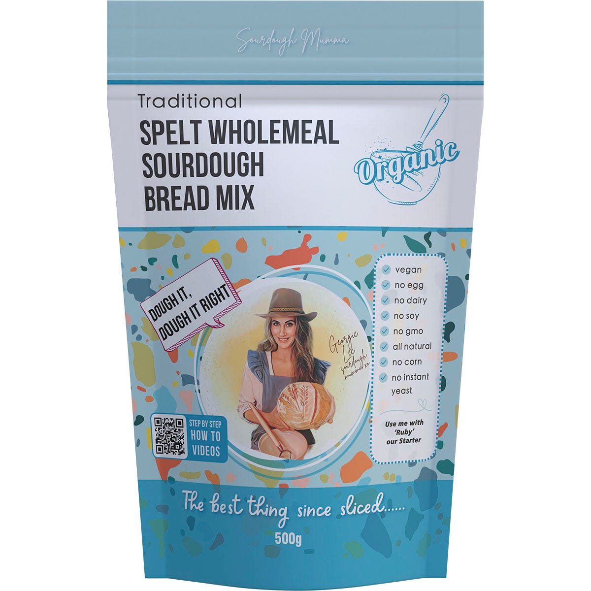 500g bag of Sourdough Mumma Spelt Wholemeal Sourdough Bread Mix with organic ingredients and traditional branding.