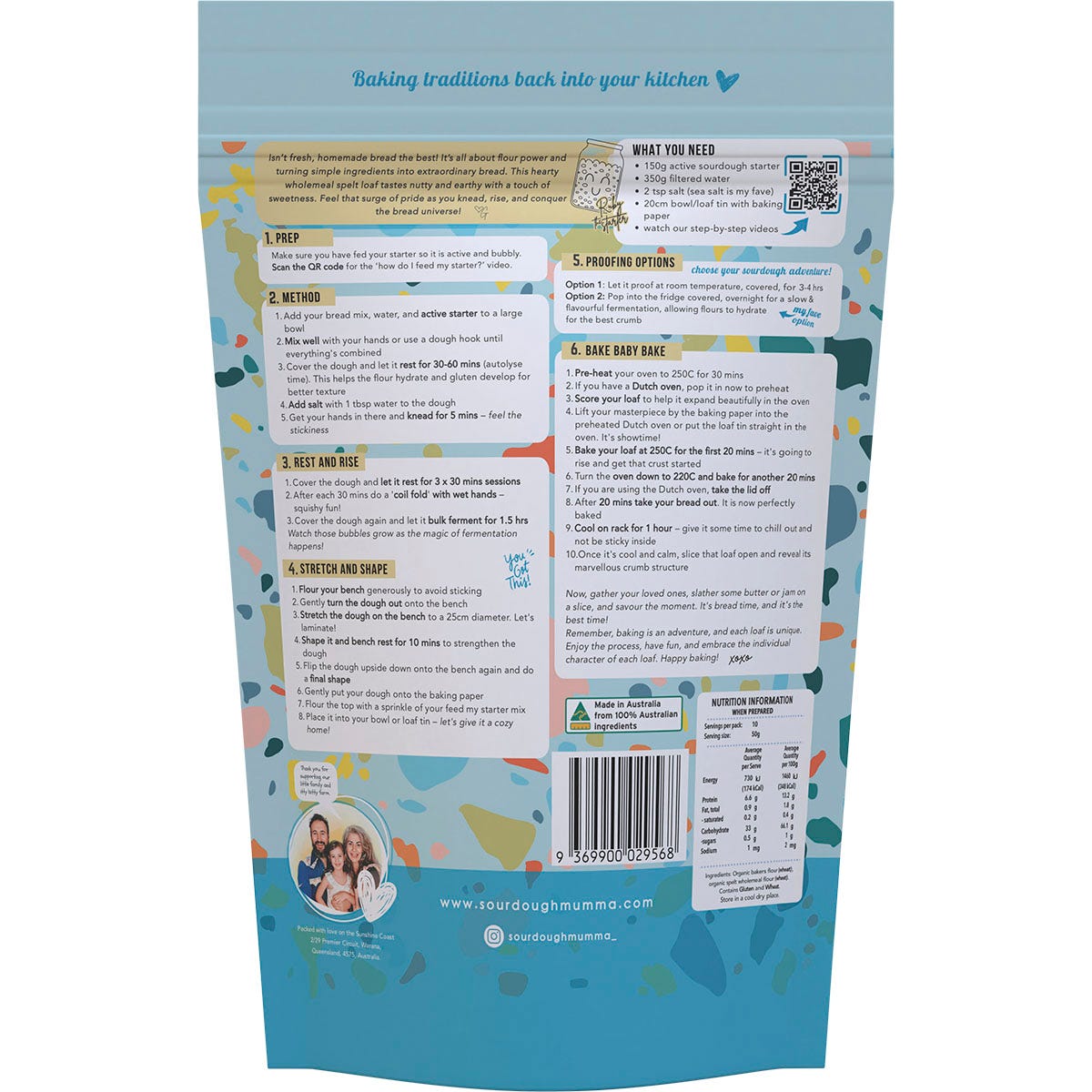 Back of Sourdough Mumma Spelt Wholemeal Bread Mix bag with instructions, ingredients, and nutritional information.
