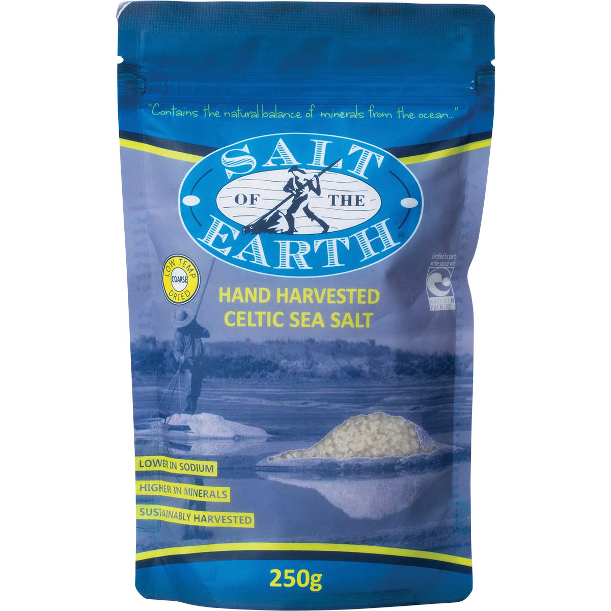 250g bag of Salt of the Earth Low Temp Dried Coarse Celtic Sea Salt.