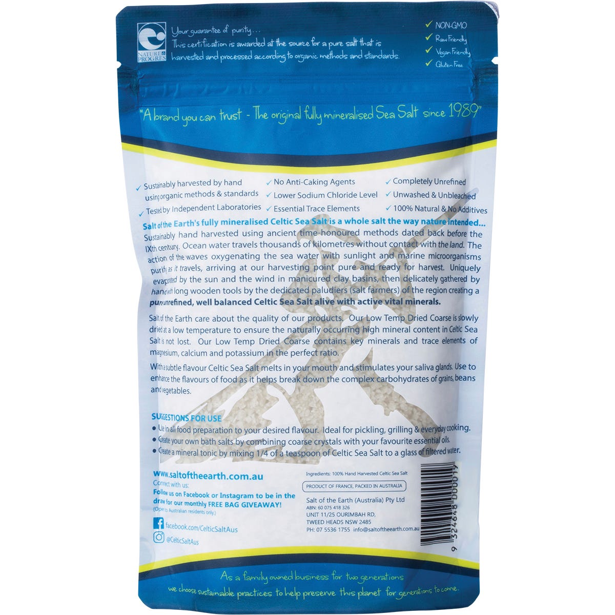 Back of Salt of the Earth 250g Celtic Sea Salt bag with product benefits and nutritional information.