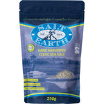 Salt of the Earth 250g bag of coarse Celtic sea salt featuring a traditional hand-harvested illustration.