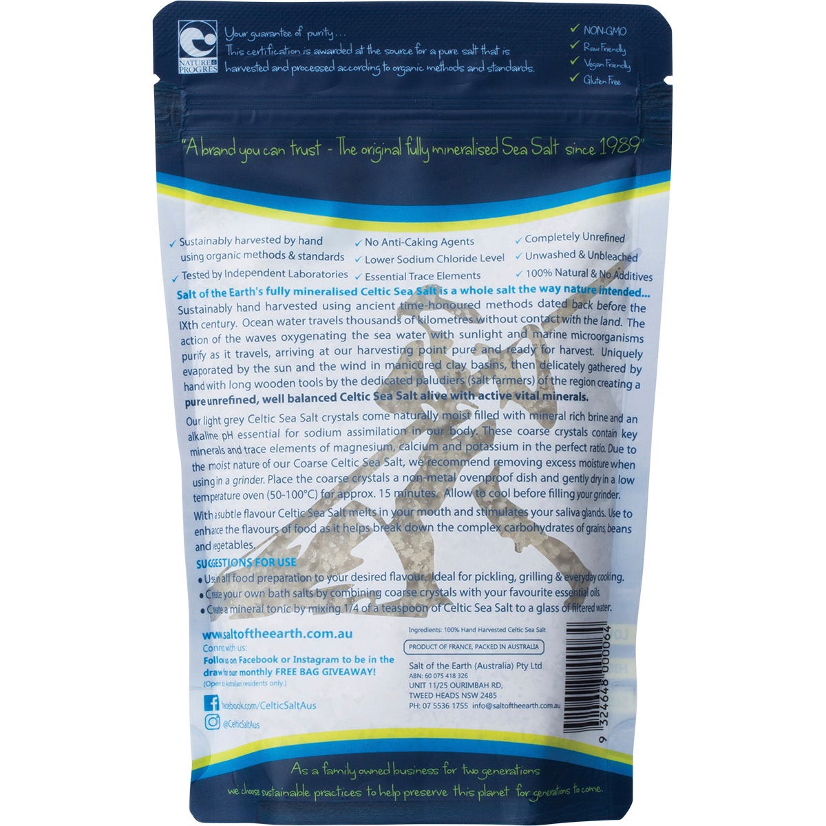 Back of Salt of the Earth 250g Celtic Sea Salt bag showing nutritional information and product details.