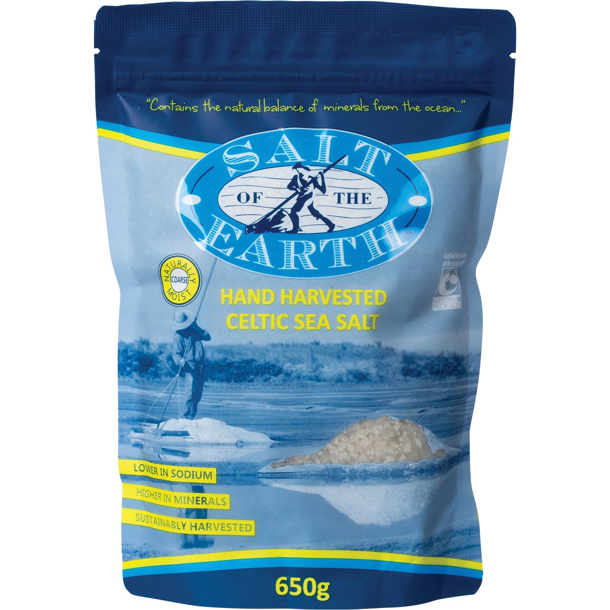 650g bag of Salt of the Earth Coarse Celtic Sea Salt featuring moist, sun-dried crystals from France.