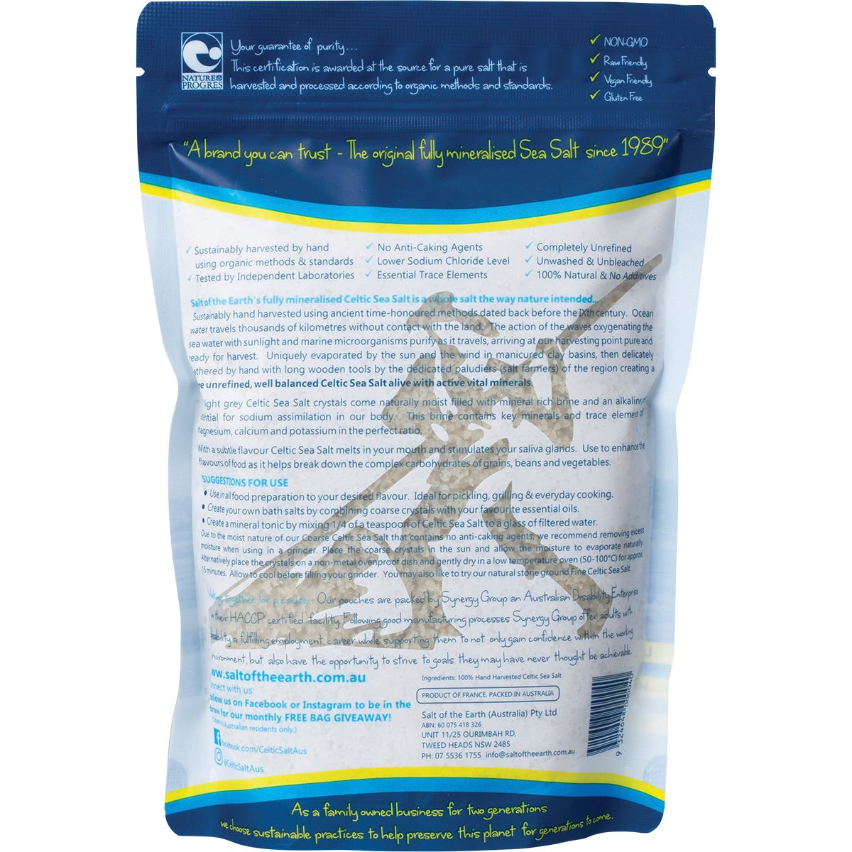 Back of a 650g bag of Salt of the Earth Coarse Celtic Sea Salt with product information and drying instructions.