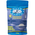 250g bag of Salt of the Earth Celtic Sea Salt Fine, featuring a blue and white label with a sea salt landscape.