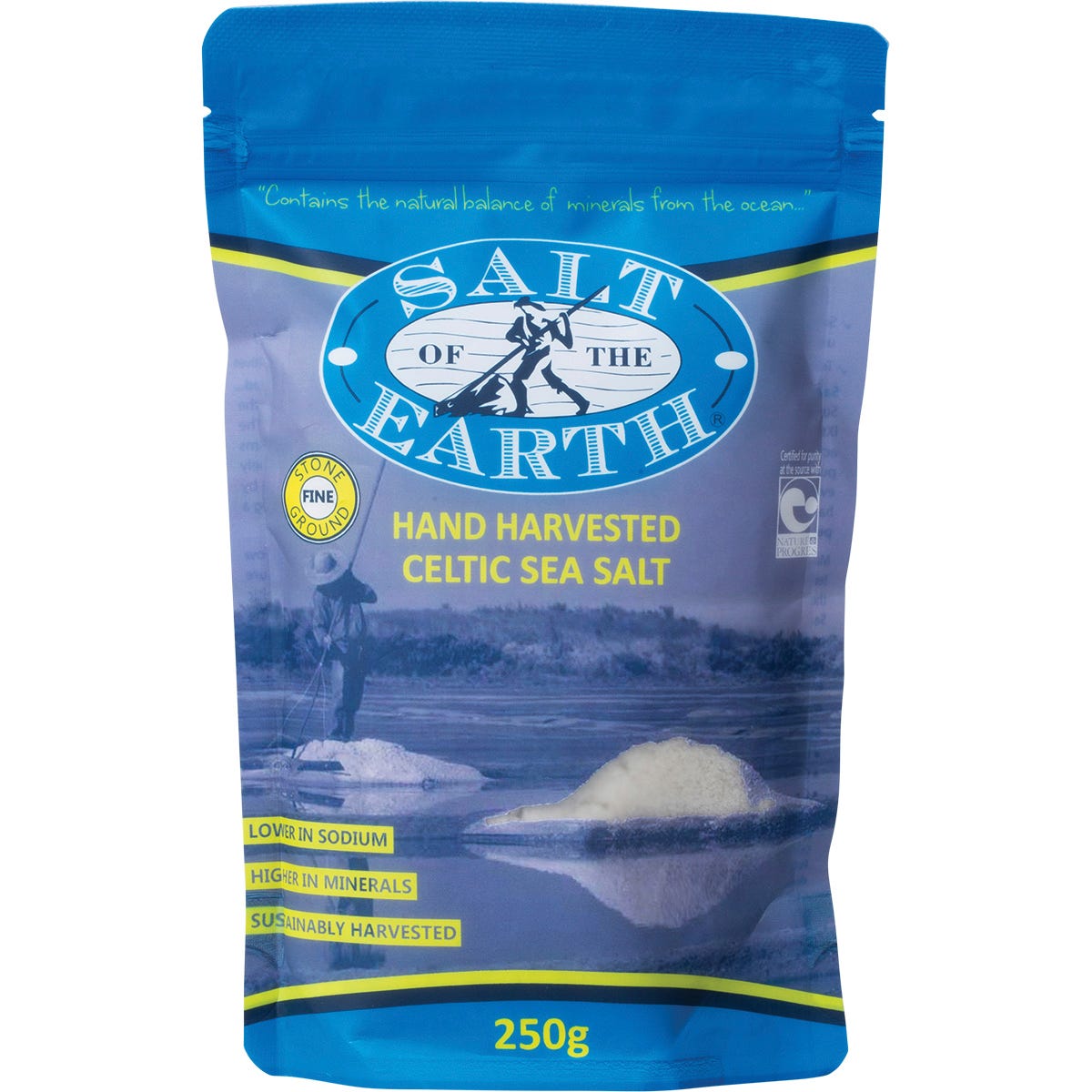 250g bag of Salt of the Earth Celtic Sea Salt Fine, featuring a blue and white label with a sea salt landscape.