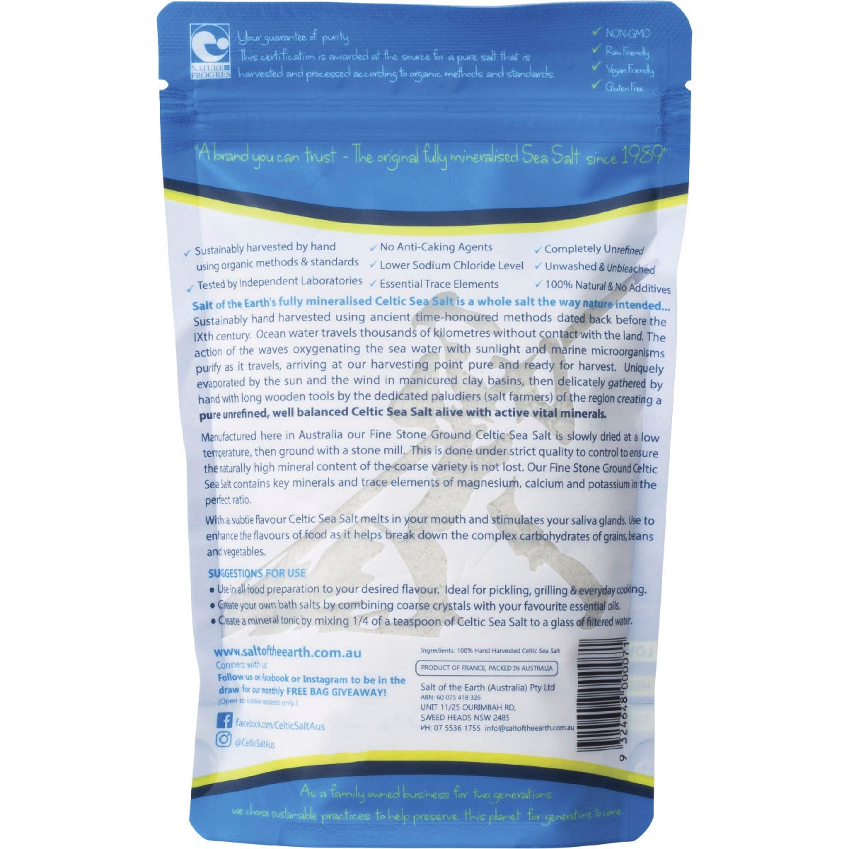 Back of 250g Salt of the Earth Celtic Sea Salt Fine bag showing nutrition facts and product information.