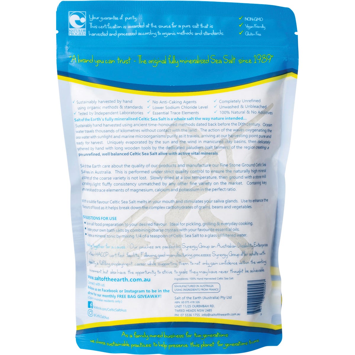 Back of Salt of the Earth 650g Fine Celtic Sea Salt bag showing nutritional information and product details.