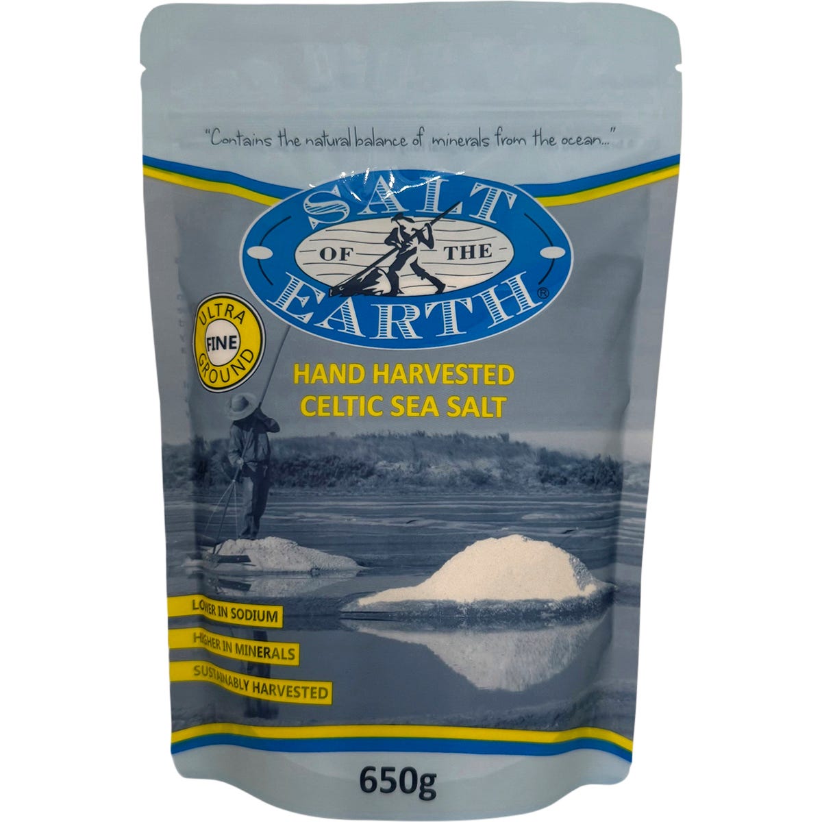 650g bag of Salt of the Earth Ultra Fine Celtic Sea Salt, unrefined and mineral-rich, on a white background.