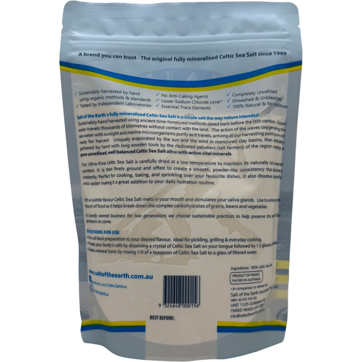 Back of the 650g Salt of the Earth Celtic Sea Salt bag showing nutritional information and product details.