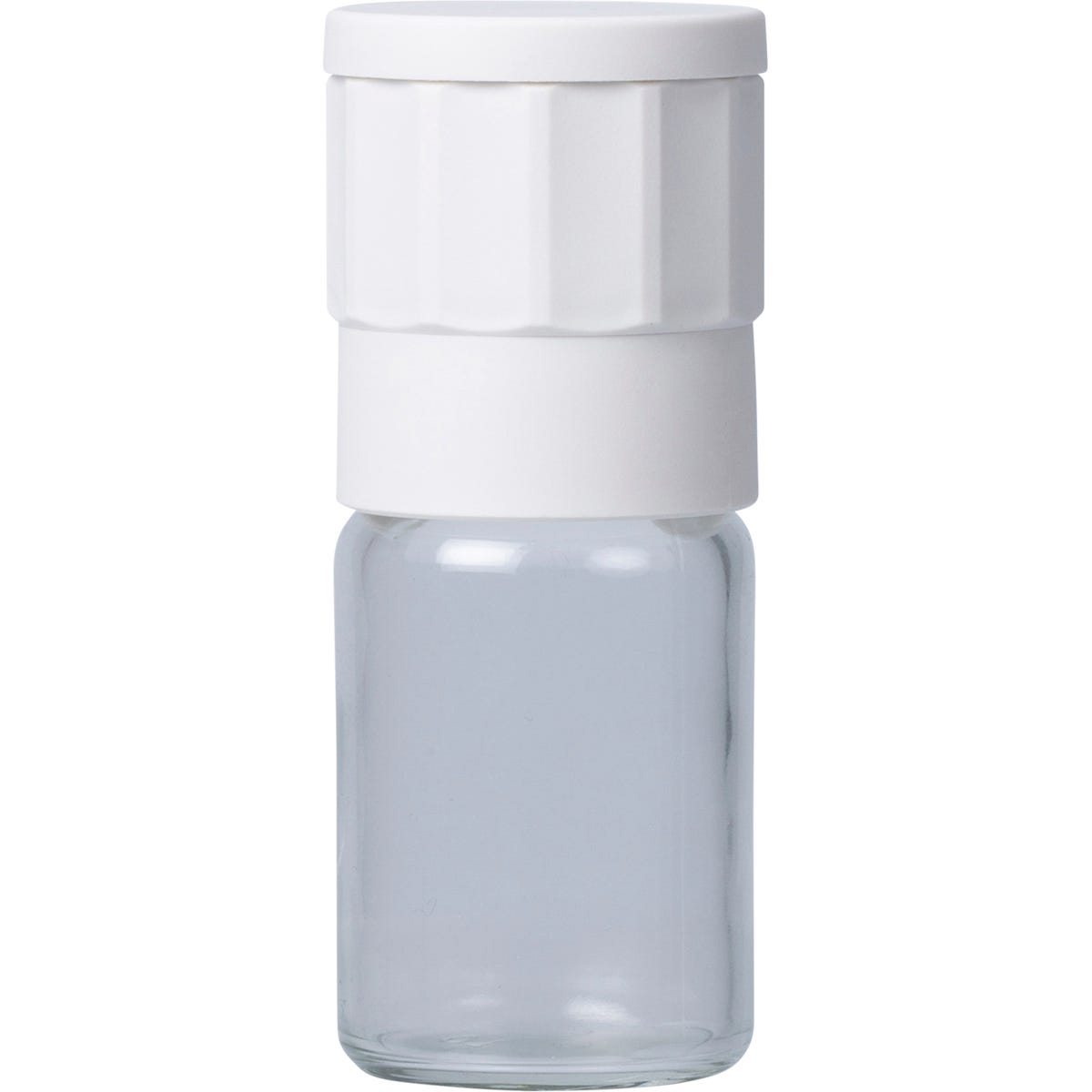 Salt of the Earth ceramic salt and spice grinder with a clear glass body and white lid on a white background.