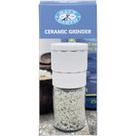 White and grey retail box for a Salt of the Earth Ceramic Salt Grinder featuring product benefits and a Made in Japan logo.