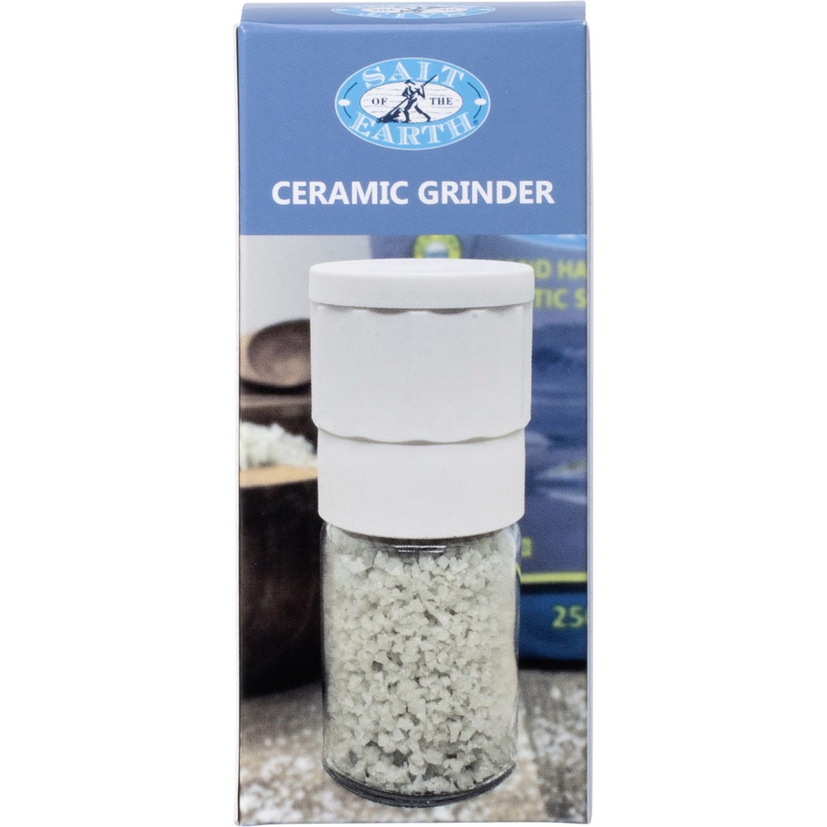 White and grey retail box for a Salt of the Earth Ceramic Salt Grinder featuring product benefits and a Made in Japan logo.