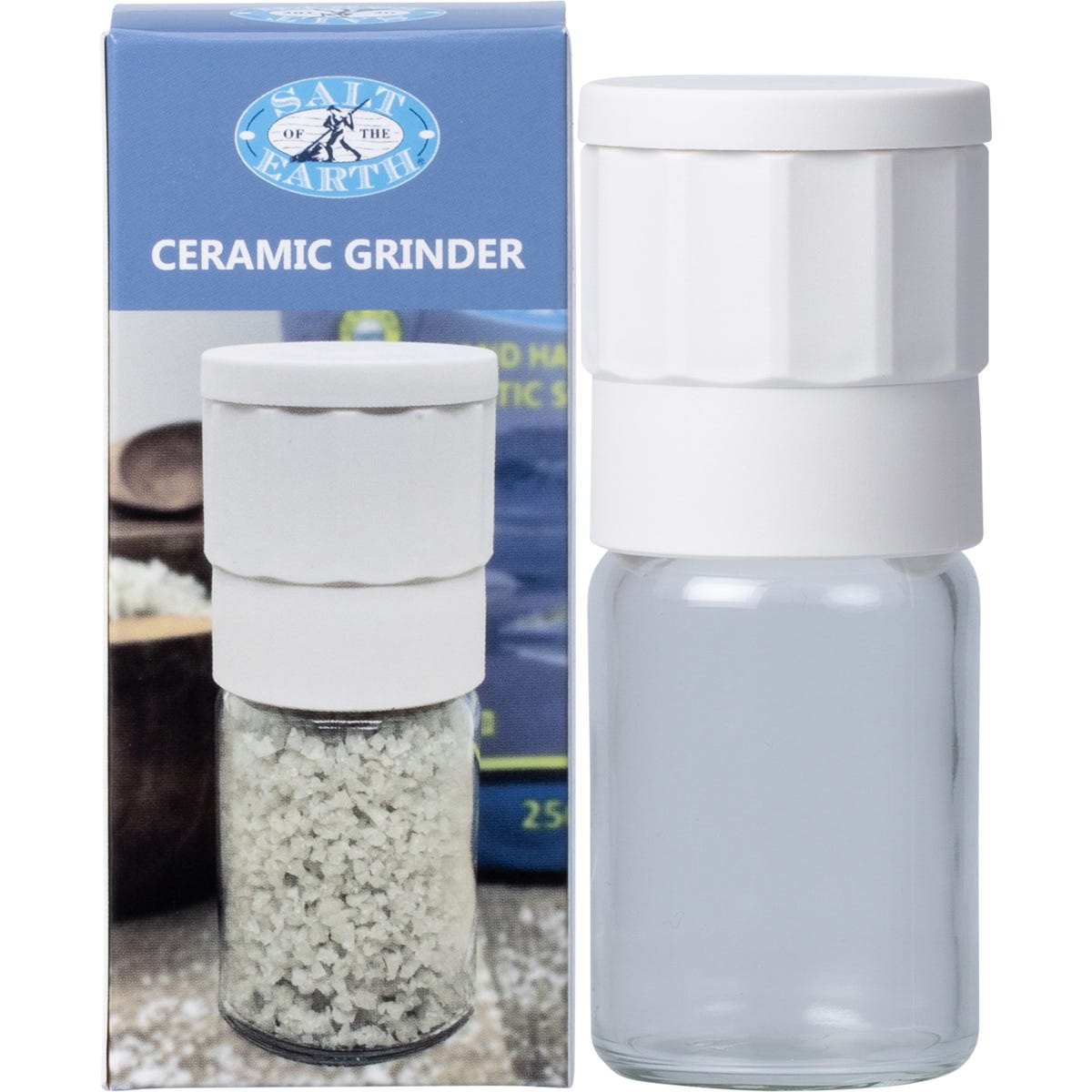 Salt Of The Earth ceramic salt and spice grinder featuring a clear glass base, white top, and snap-on cap.