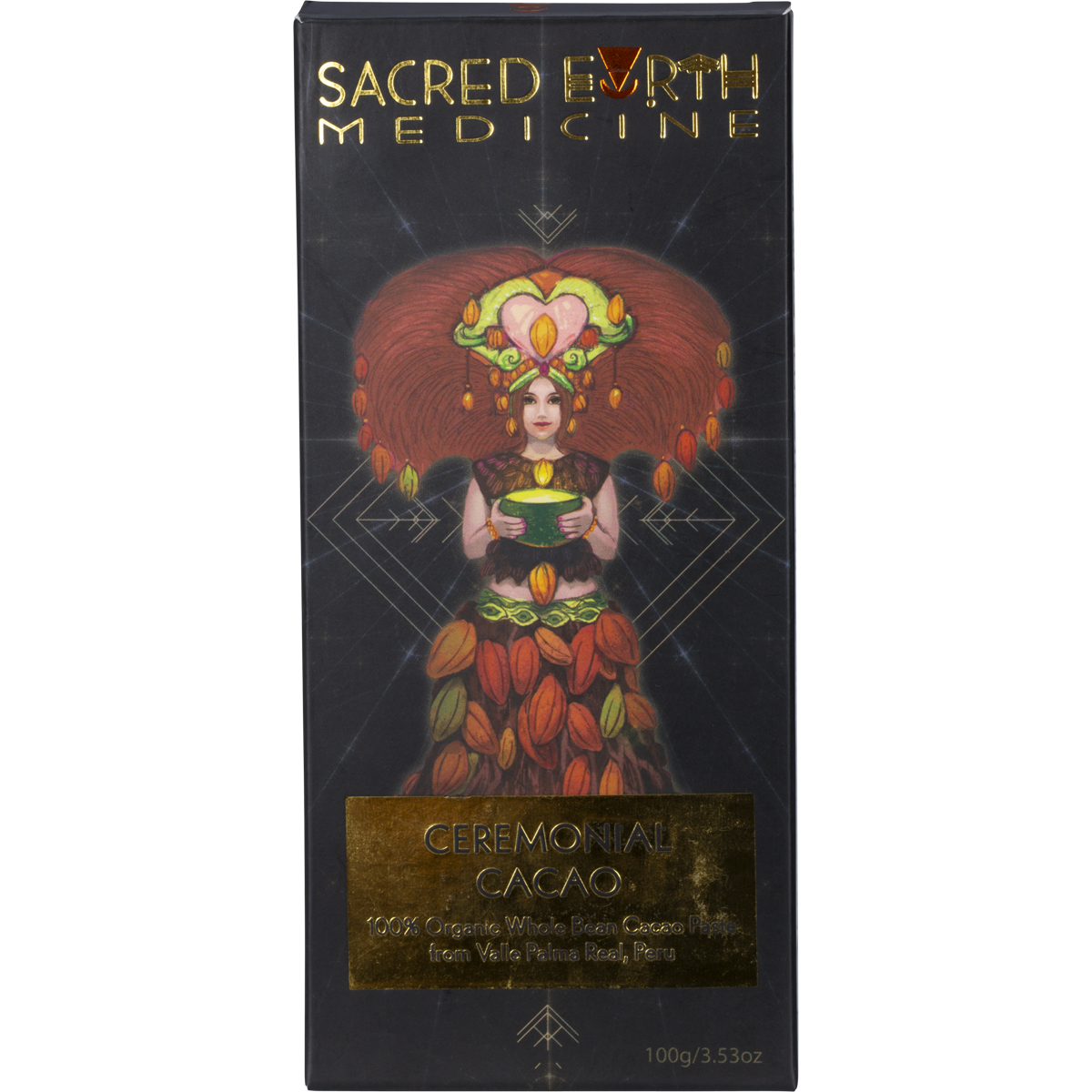 Sacred Earth Medicine Ceremonial Cacao 100g block in a white and gold illustrated wrapper on a white background.