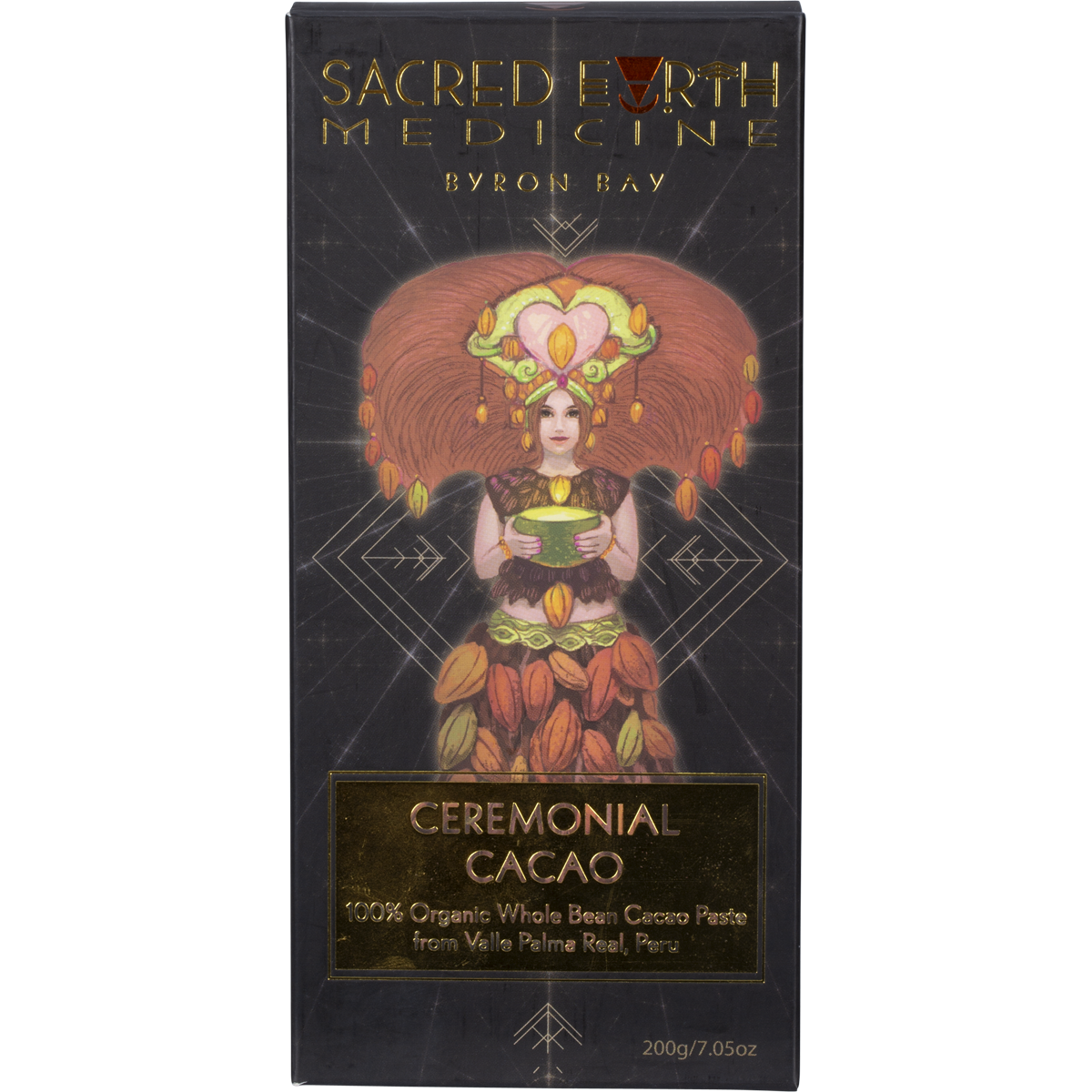 200g block of Sacred Earth Medicine Ceremonial Cacao in white and gold packaging with botanical illustrations.