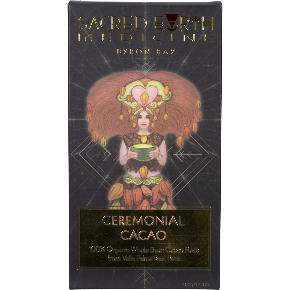Sacred Earth Medicine Ceremonial Cacao 400g block in brown cardboard packaging featuring a gold sun and mountain logo.
