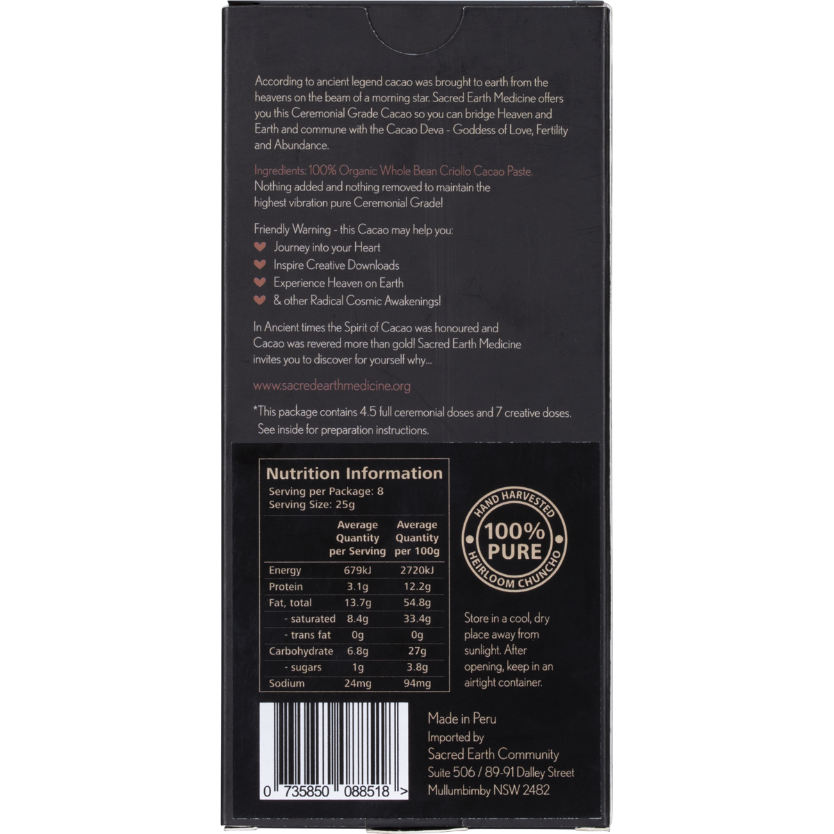 Back of Sacred Earth Medicine cacao packaging with product details, preparation instructions, and organic certification.