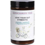 120g tub of Supercharged Food Love Your Gut Synbiotic Powder featuring a white label and botanical illustrations.