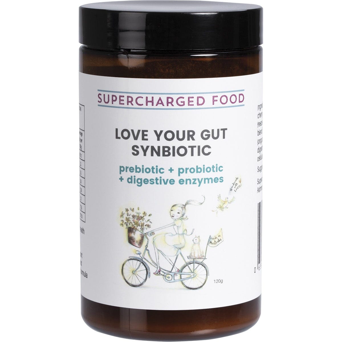 120g tub of Supercharged Food Love Your Gut Synbiotic Powder featuring a white label and botanical illustrations.