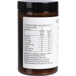 Side view of a 120g tub of Supercharged Food Love Your Gut Synbiotic Powder with a white label and botanical illustrations.
