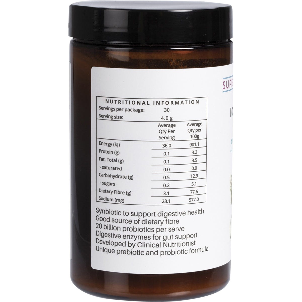 Side view of a 120g tub of Supercharged Food Love Your Gut Synbiotic Powder with a white label and botanical illustrations.