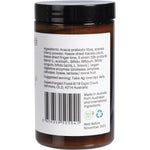 Side view of a 120g tub of Supercharged Food Synbiotic Powder showing the ingredients and nutritional information.
