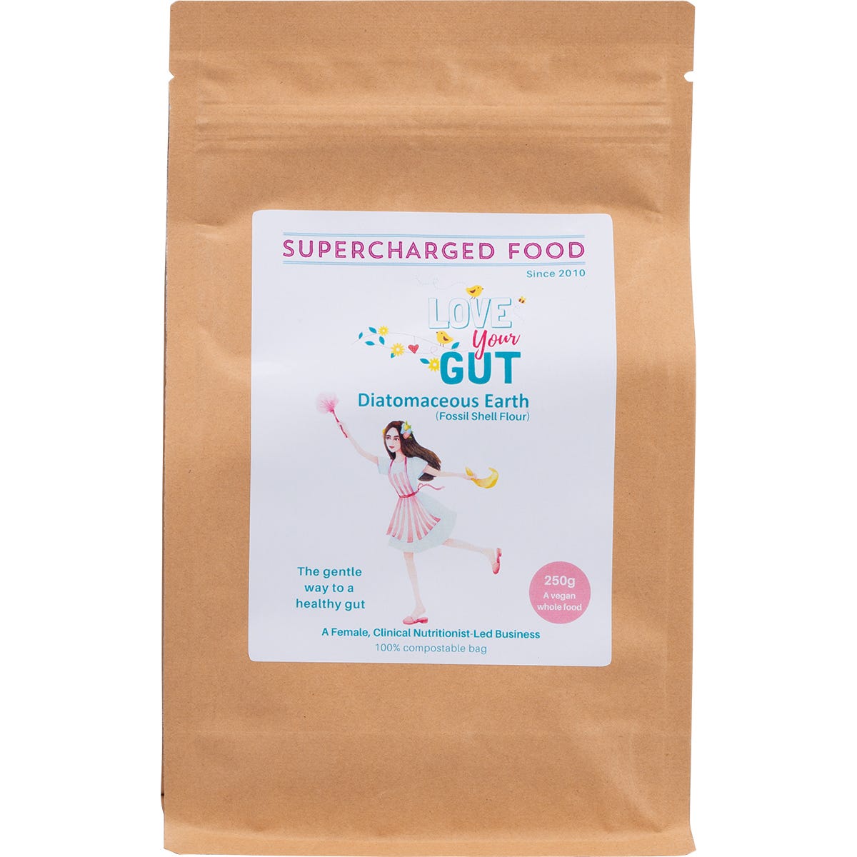 250g bag of Supercharged Food Love Your Gut Powder, a naturopathic-grade diatomaceous earth for digestive health.