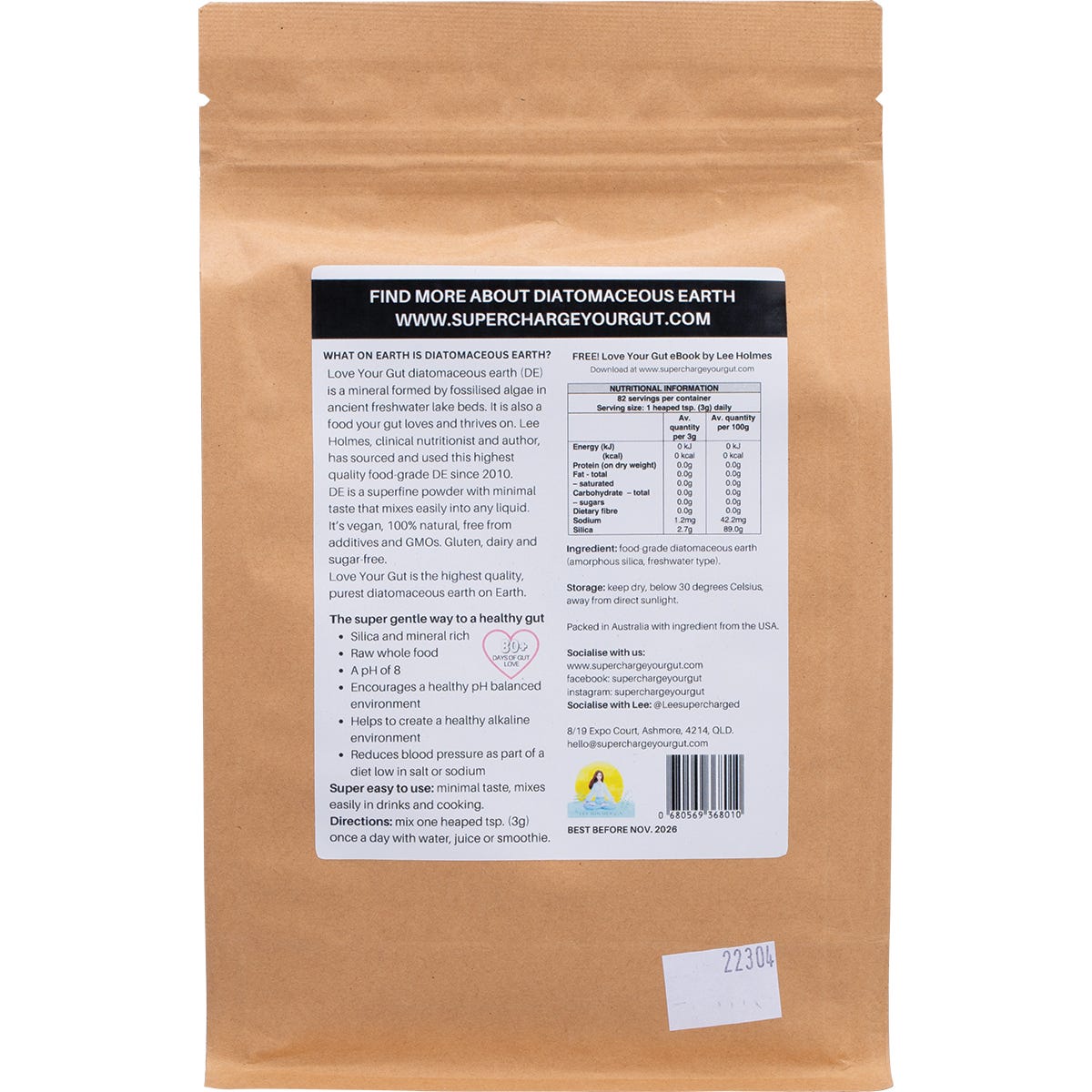 Back of Supercharged Food Love Your Gut Powder 250g bag showing nutritional information and directions for use.