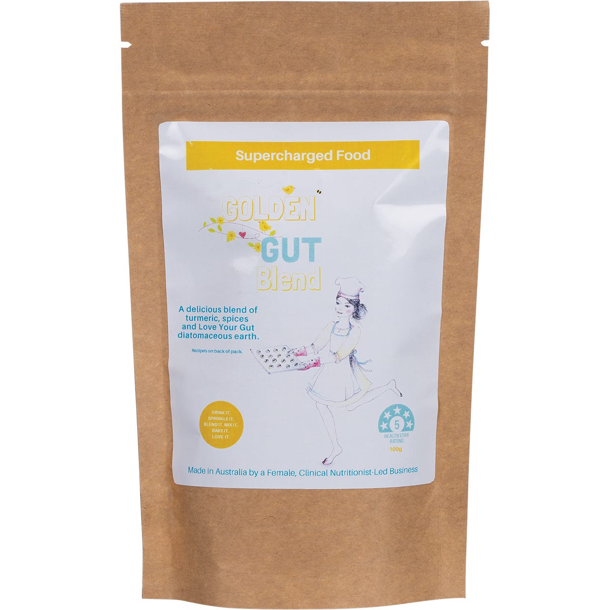 100g bag of Supercharged Food Golden Gut Powder with turmeric, ginger, and cinnamon on a white background.