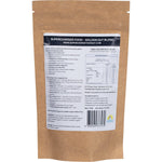 Back of 100g Supercharged Food Golden Gut Powder bag showing ingredients, benefits, and suggested uses.