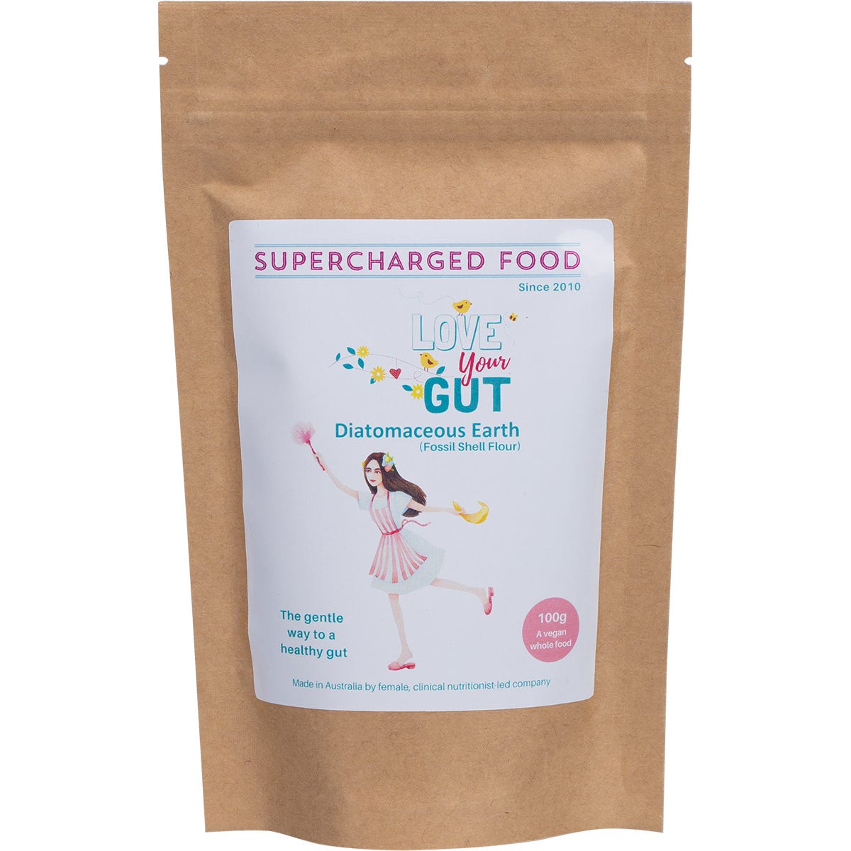 100g bag of Supercharged Food Love Your Gut Powder, a food-grade diatomaceous earth supplement for digestive health.