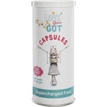 120-pack tube of Supercharged Food Love Your Gut Diatomaceous Earth capsules for digestive support.
