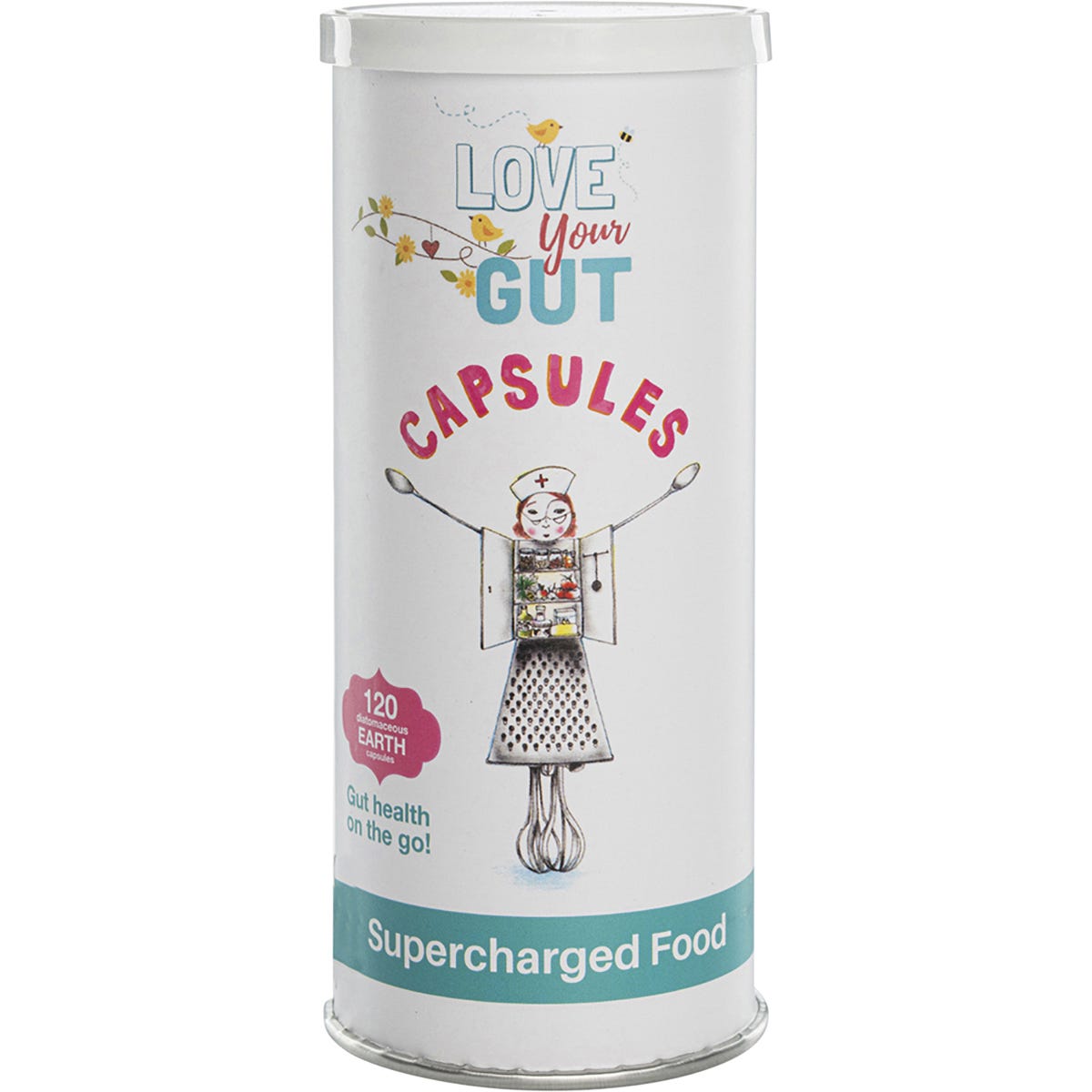 120-pack tube of Supercharged Food Love Your Gut Diatomaceous Earth capsules for digestive support.