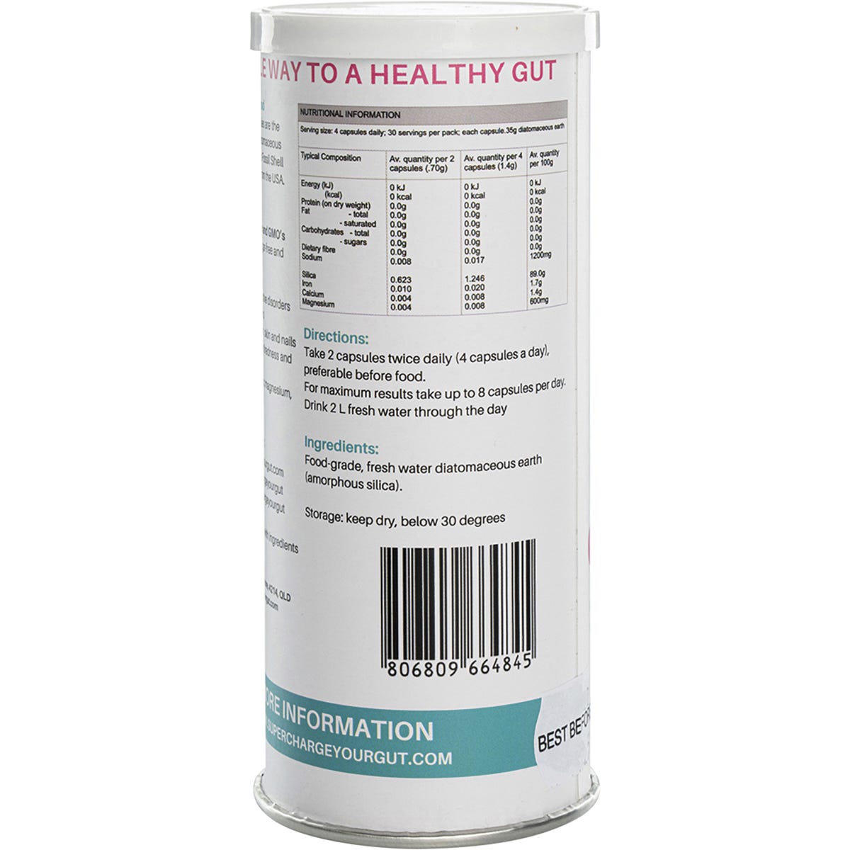 Side view of Supercharged Food Love Your Gut capsules tube highlighting 100% natural and organic ingredients.