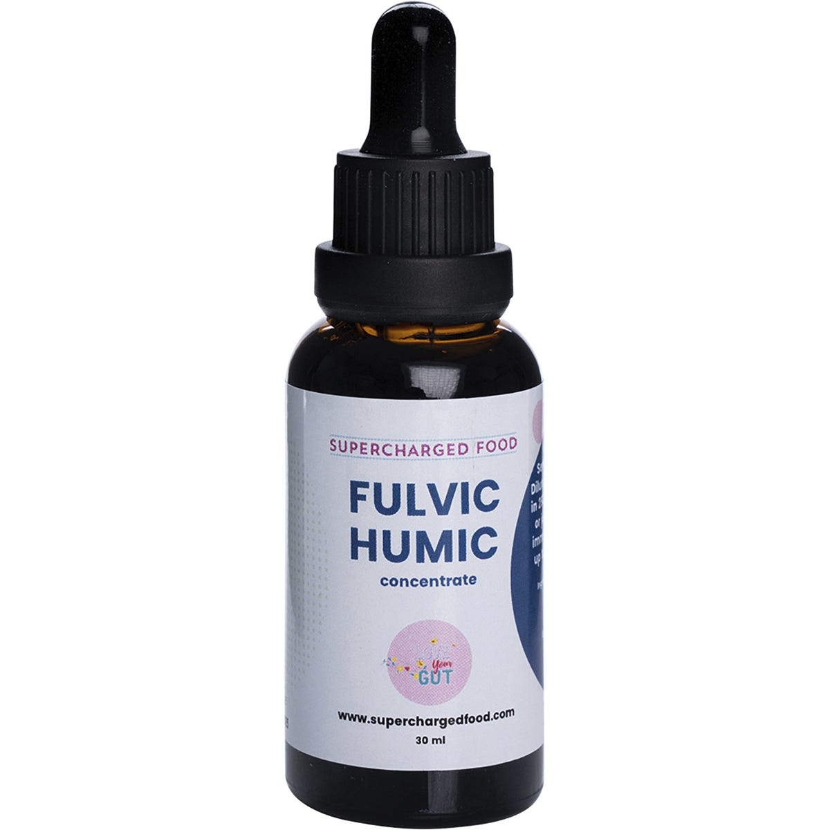 Supercharged Food Fulvic Humic Concentrate 30ml dropper bottle featuring a blue label and natural plant-based ingredients.