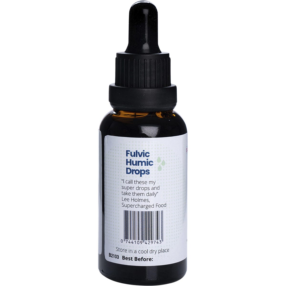 Side view of Supercharged Food Fulvic Humic Concentrate 30ml bottle highlighting product benefits and mineral content.