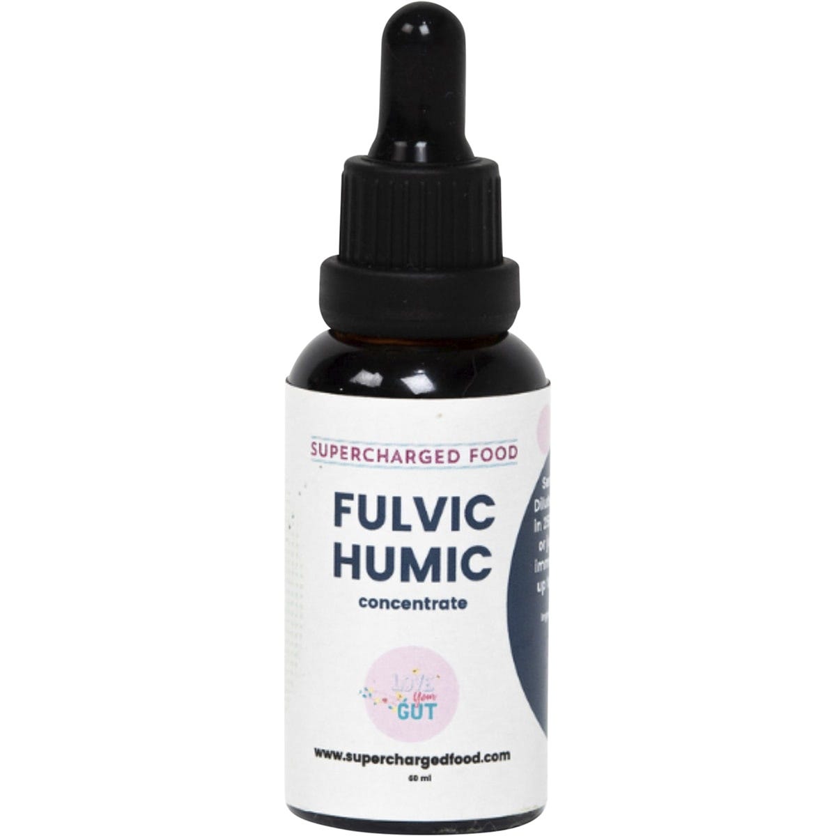 60ml bottle of Supercharged Food Fulvic Humic Concentrate drops with a dropper lid.