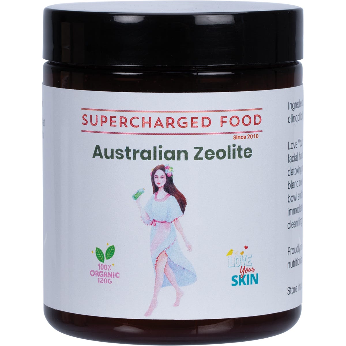 120g tub of Supercharged Food Australian Zeolite Powder, a 100% pure mineral for skin cleansing and detox.