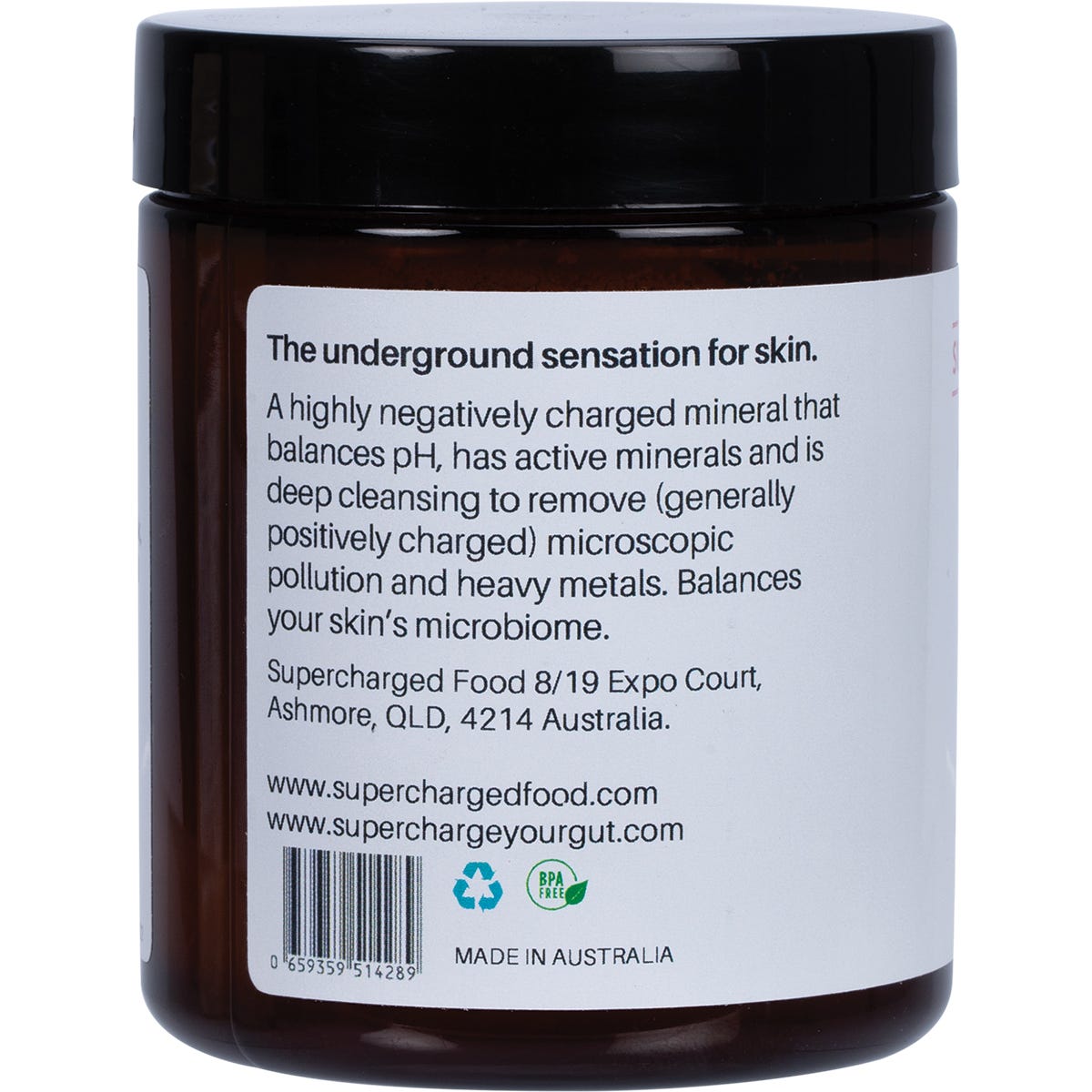 Left side view of Supercharged Food Australian Zeolite Powder 120g tub showing product details and directions.
