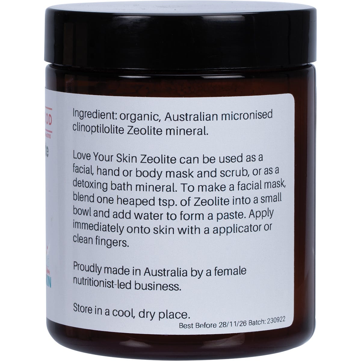 Right side view of Supercharged Food Zeolite Powder 120g tub showing product benefits and natural ingredients.