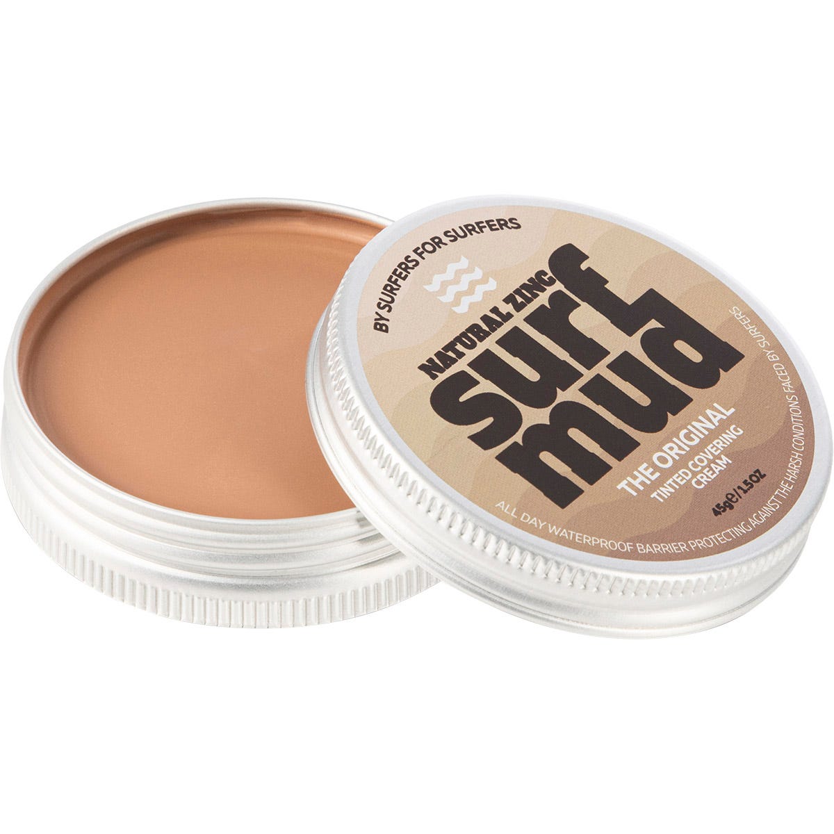 Open lid of a Surfmud Natural Zinc tin showing a small mirror on the inside of the cover.