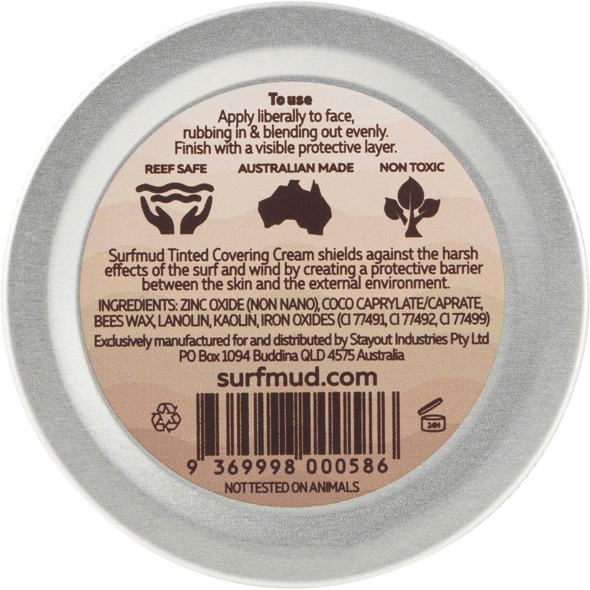 Back of a 45g Surfmud Natural Zinc tin showing ingredients and Australian Made logo on a white background.