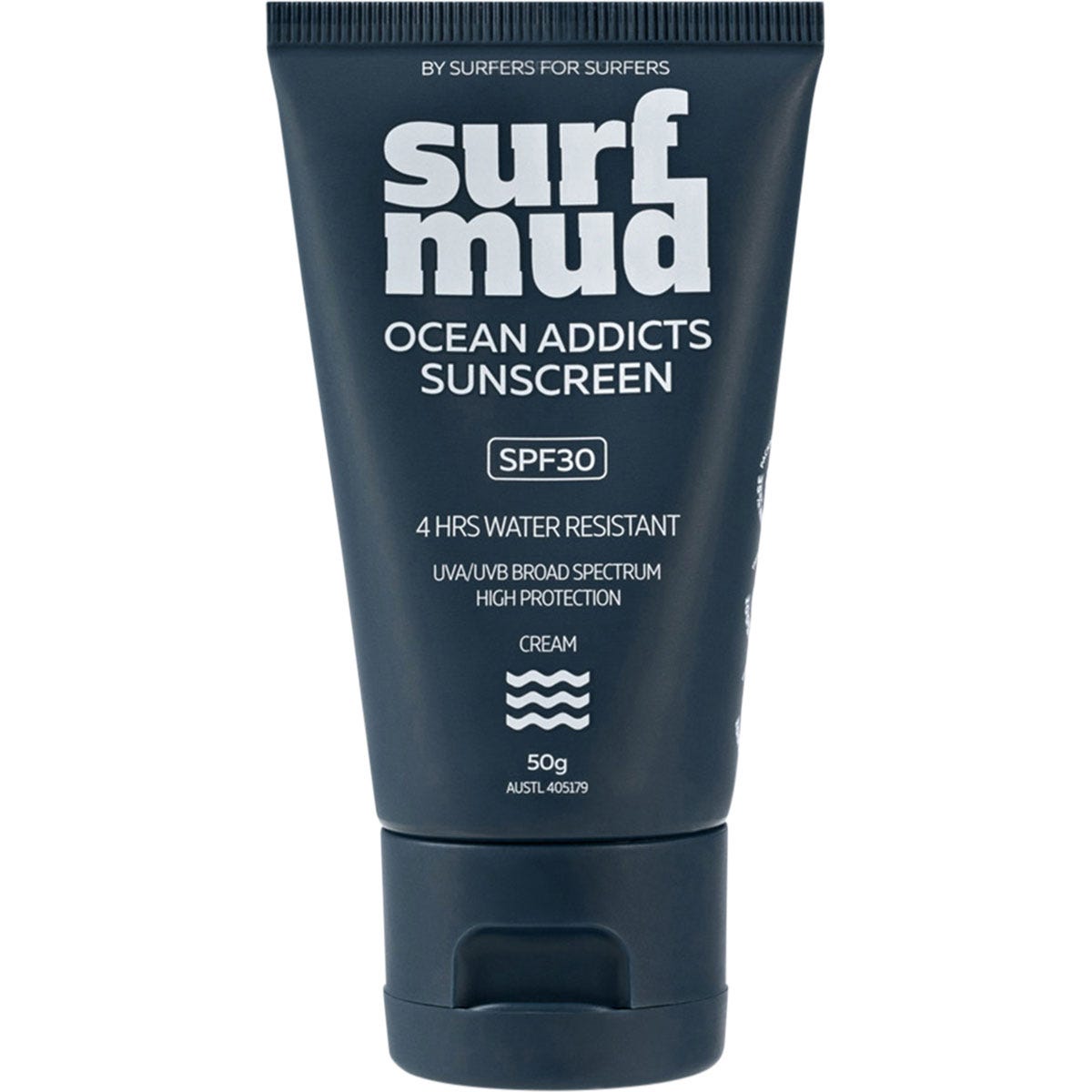 50g tube of Surfmud Ocean Addict SPF 30 sunscreen with active zinc oxide on a plain white background.