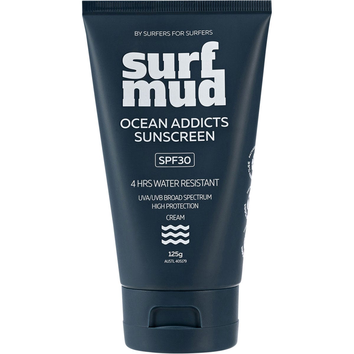 125g tube of Surfmud Ocean Addicts SPF 30 Sunscreen with 25% non-nano zinc oxide on a white background.