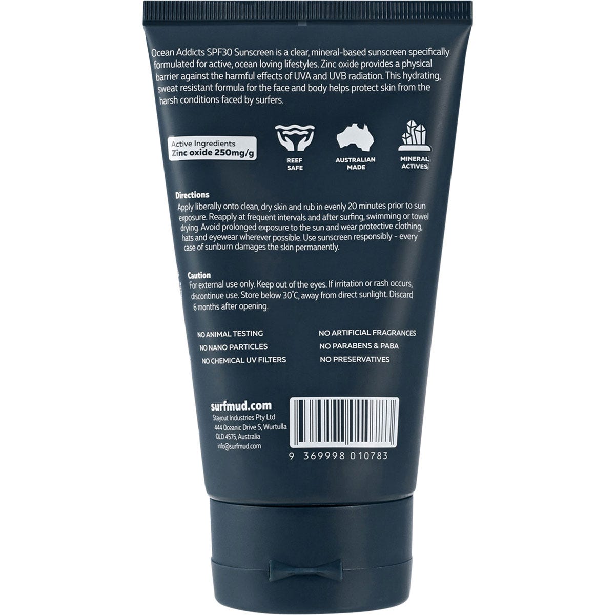Back of a 125g tube of Surfmud Ocean Addicts SPF 30 Sunscreen showing directions and 25% zinc oxide active ingredient.