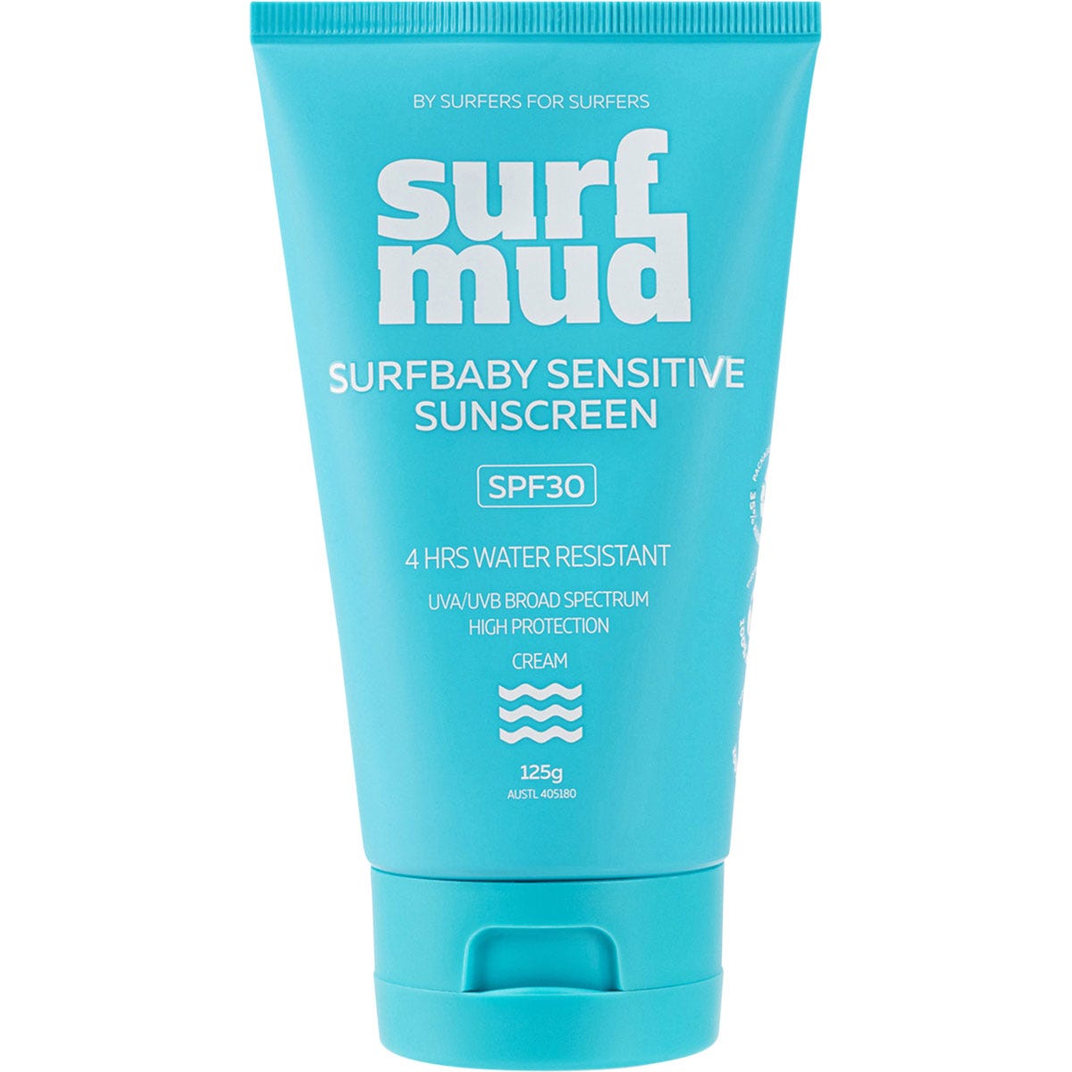 125g tube of Surfmud Surfbaby Sensitive Sunscreen SPF 30 with zinc oxide, formulated for babies and children.