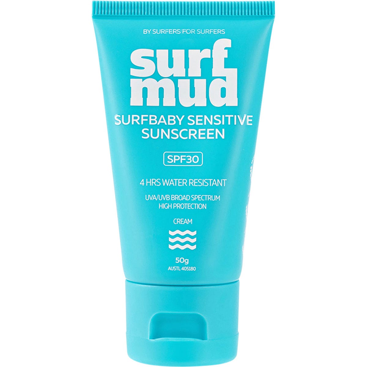 50g tube of Surfmud Surfbaby Sensitive SPF 30 sunscreen with a white cap and blue and yellow branding.