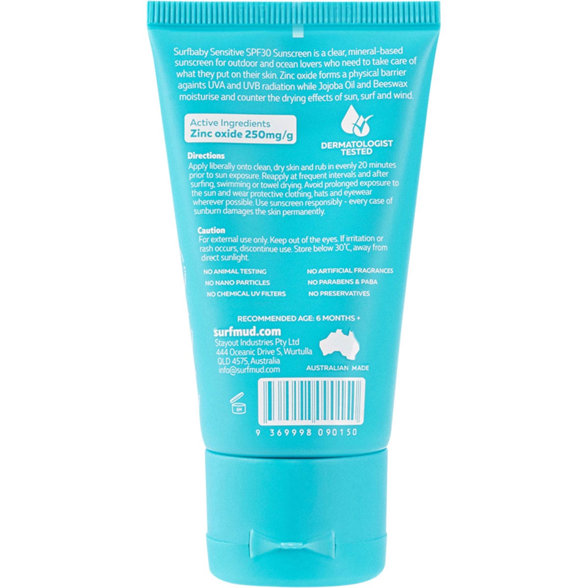 Back of a 50g tube of Surfmud Surfbaby Sensitive SPF 30 sunscreen with product information and directions.